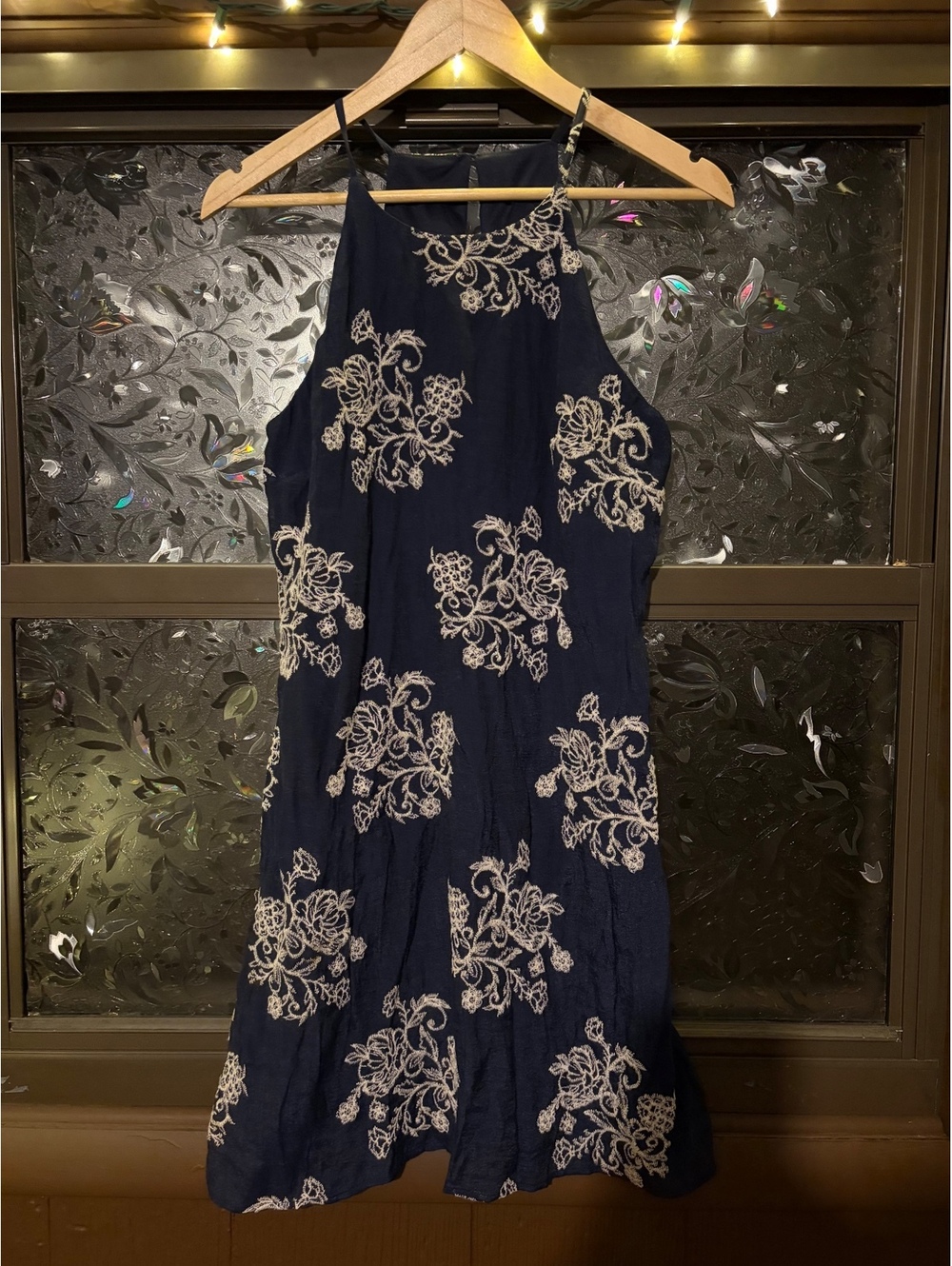 Denim-Colored Embroidered Floral Dress